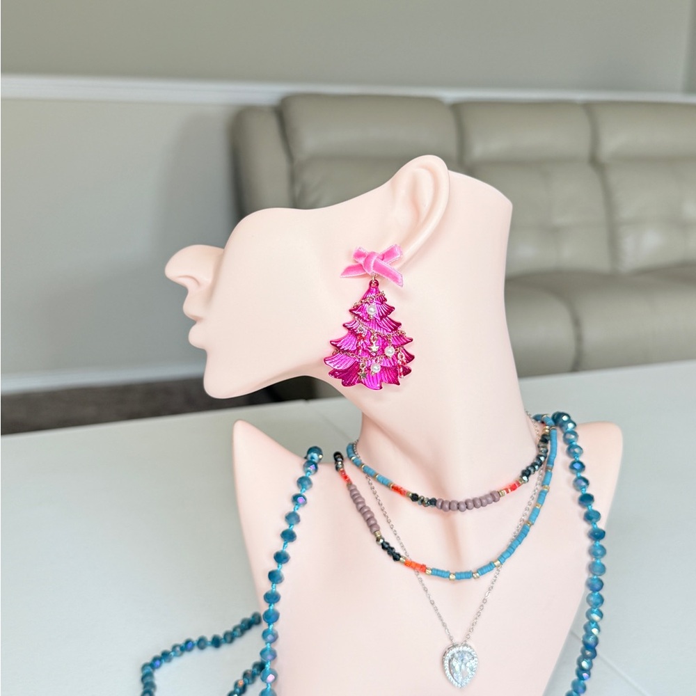 Pink Ribbon Tree Drop Earrings - Picture 4 of 13